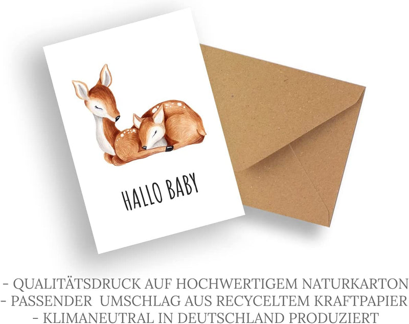 Friendly Fox Karte zur Geburt Rehkitz, 1x Glückwunsch Baby Karte mit Umschlag, Hallo Baby DIN A6 Grußkarte, Willkommen kleines Wunder