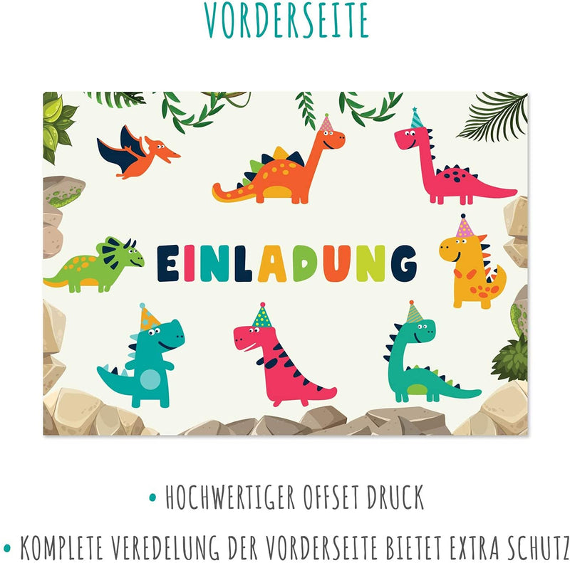 Friendly Fox Dino Einladung, 12x Einladungskarten Kindergeburtstag Dinosaurier Party, Dino Geburtstag Junge Mädchen