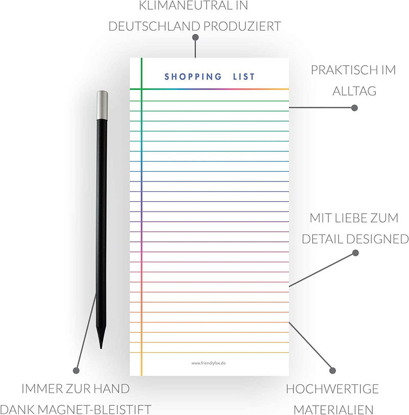 Friendly Fox Einkaufsliste magnetisch, Shopping to do listen block, Magnetblock Kühlschrank mit 50 Einkaufszettel & Magnetstift, Kühlschrankblock