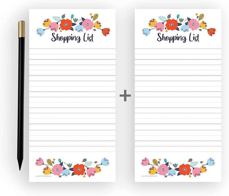 Einkaufsliste Doppelpack mit Magnet und Bleistift mit Blumen Motiv