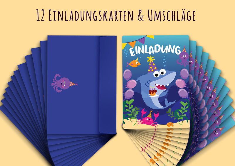 Friendly Fox Hai Einladung, 12 Einladungen Kindergeburtstag Shark, Geburtstagseinladung