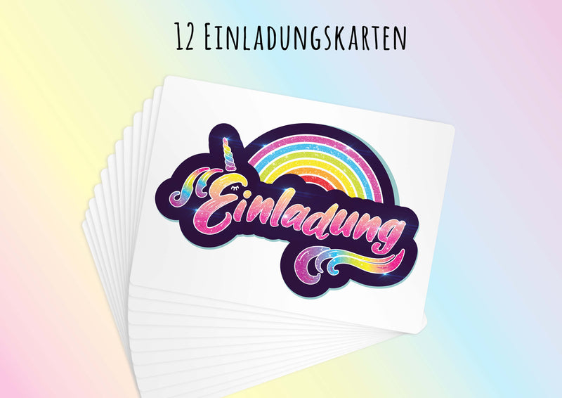 Friendly Fox Glitzer Regenbogen Einladung, 12x Einladungskarten Kindergeburtstag Regenbogen Party, Geburtstagseinladung mit Glitzerlack