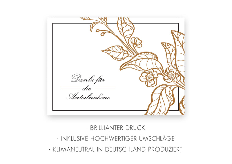 Friendly Fox Danksagungskarten Trauer mit Umschlag, 12 Trauerkarten Danksagung mit Umschlag "bronze Blumen", Dankeskarten nach Beerdigung