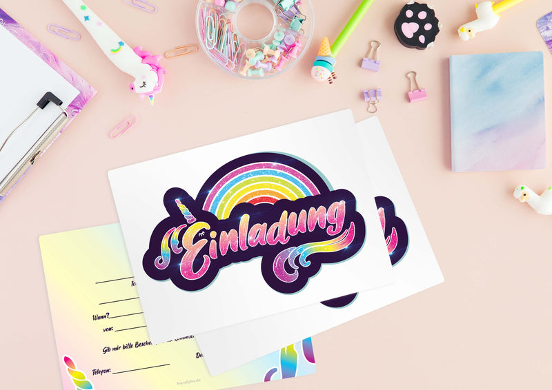 Friendly Fox Glitzer Regenbogen Einladung, 12x Einladungskarten Kindergeburtstag Regenbogen Party, Geburtstagseinladung mit Glitzerlack