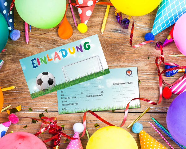 Friendly Fox Fussball Einladung, 12x Einladungskarten Kindergeburtstag Fussball Tor, Geburtstagseinladung DIN lang