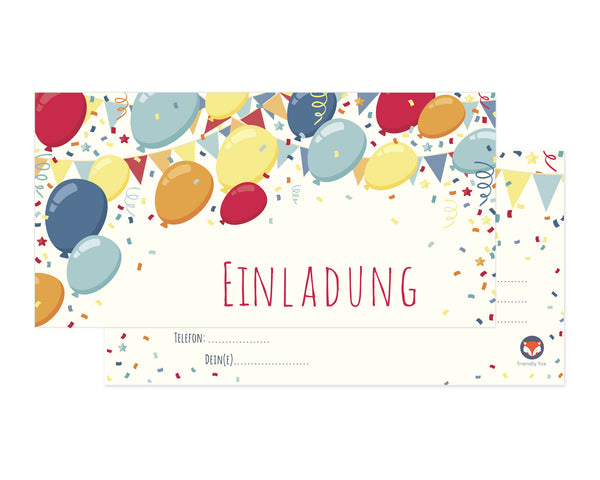 Einladungskarte mit bunten Ballons und Konfetti mit Umschlag