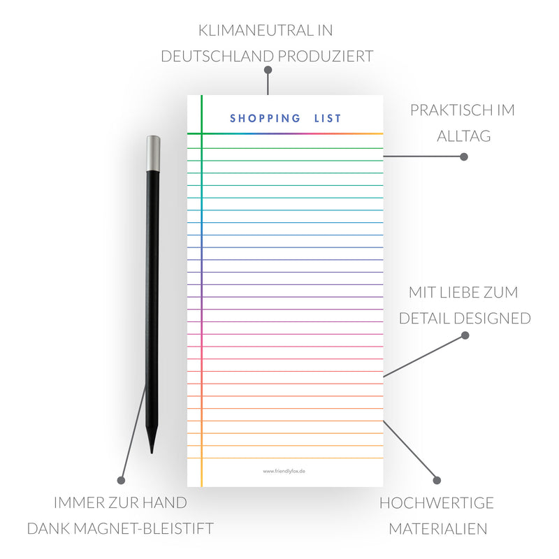 Friendly Fox Einkaufsliste magnetisch, Shopping to do listen block, Magnetblock Kühlschrank mit 50 Einkaufszettel & Magnetstift, Kühlschrankblock