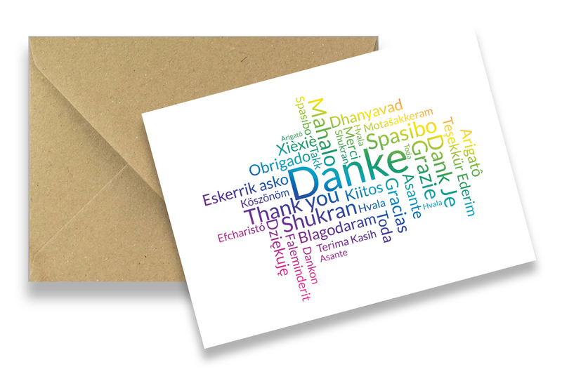 Friendly Fox Dankeskarten mehrsprachig, 12x Dankeschön Karten mit Word Cloud, A6 Postkarten mit Kraftpapier Umschlag