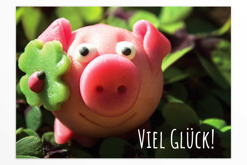 Grußkarte Viel Glück mit Marzipan Schwein Motiv