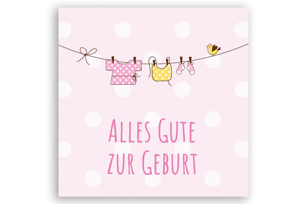 Geburtskarte mit Wäscheleine und Baby Kleidung in Rosa