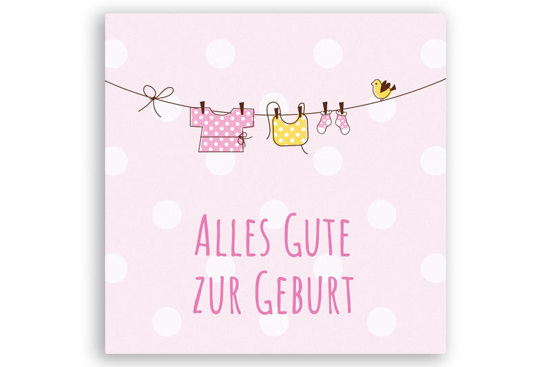 Geburtskarte mit Wäscheleine und Baby Kleidung in Rosa