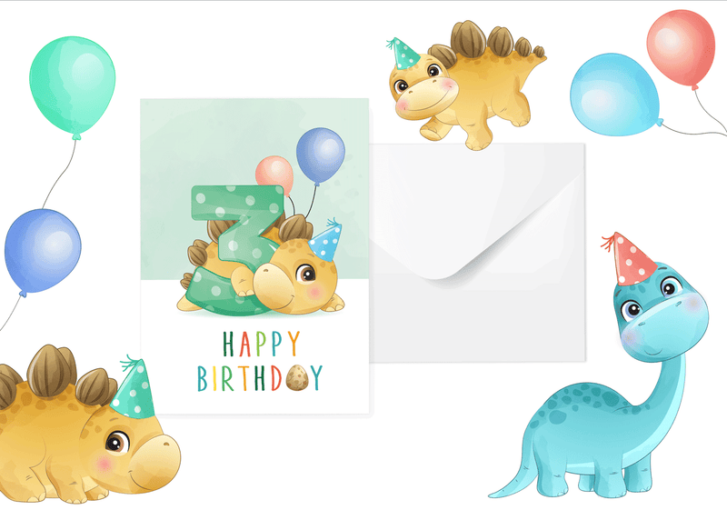 Friendly Fox Geburtstagskarte für Kinder, Dino Glückwunschkarte zum Kinder Geburtstag, A5 Happy Birthday Karte mit Umschlag