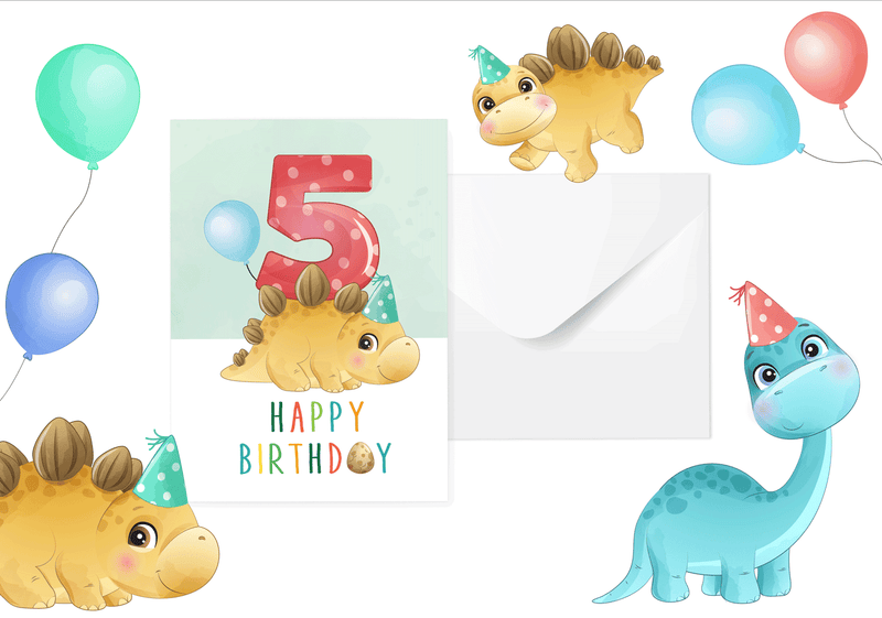 Friendly Fox Geburtstagskarte für Kinder, Dino Glückwunschkarte zum Kinder Geburtstag, A5 Happy Birthday Karte mit Umschlag