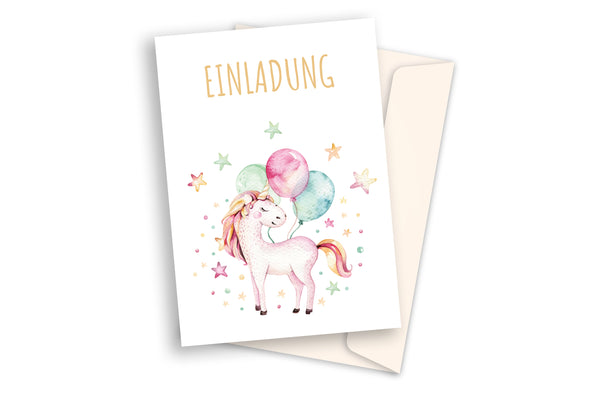 Einladungskarte mit Einhorn als Aquarellzeichnung mit Umschlag