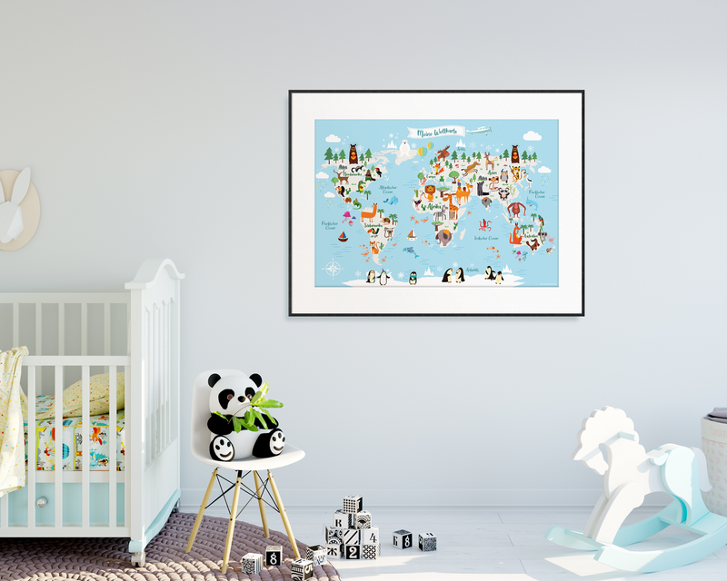 Friendly Fox Kinderweltkarte, Weltkarte für Kinder , XXL Kinder Atlas Poster, DIN A1 große Tierweltkarte