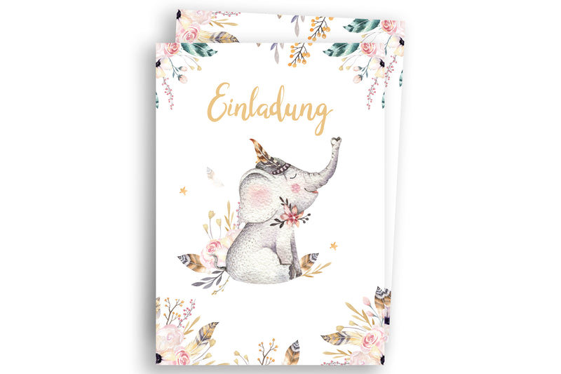 Friendly Fox Elefant Einladung, 12 Einladungskarten Kindergeburtstag kleiner Elefant, Aquarell Karte Boho Geburtstagseinladung mit Umschlag