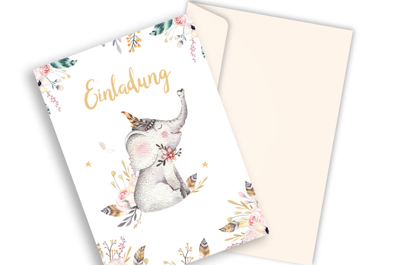 Friendly Fox Elefant Einladung, 12 Einladungskarten Kindergeburtstag kleiner Elefant, Aquarell Karte Boho Geburtstagseinladung mit Umschlag