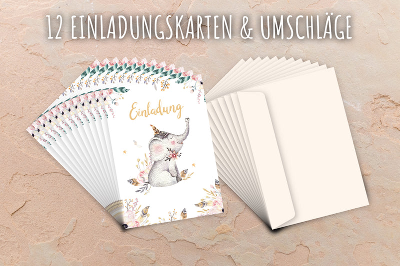 Friendly Fox Elefant Einladung, 12 Einladungskarten Kindergeburtstag kleiner Elefant, Aquarell Karte Boho Geburtstagseinladung mit Umschlag