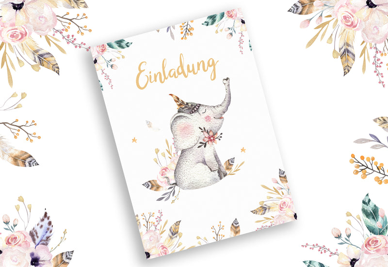 Friendly Fox Elefant Einladung, 12 Einladungskarten Kindergeburtstag kleiner Elefant, Aquarell Karte Boho Geburtstagseinladung mit Umschlag