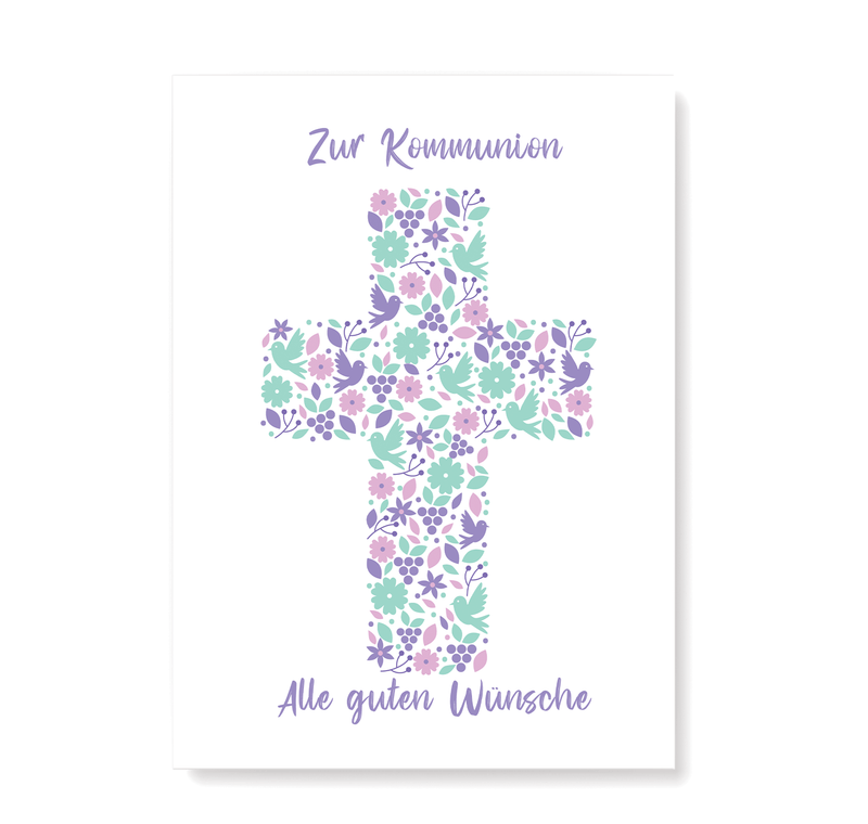 Kommunionskarte mit Kreuz Motiv in Rosa