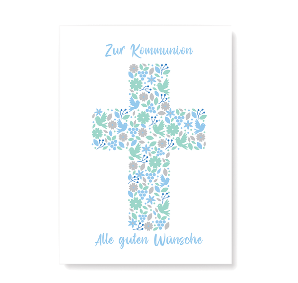 Kommunionskarte mit Kreuz Motiv in Blau