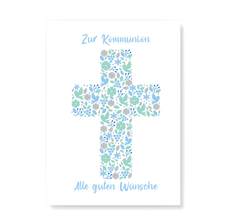 Kommunionskarte mit Kreuz Motiv in Blau