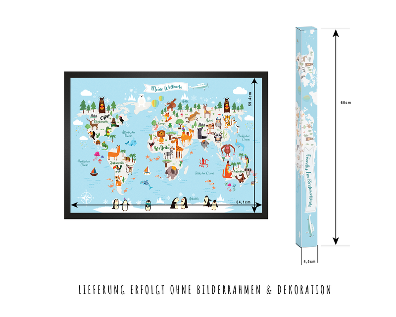 Friendly Fox Kinderweltkarte, Weltkarte für Kinder , XXL Kinder Atlas Poster, DIN A1 große Tierweltkarte