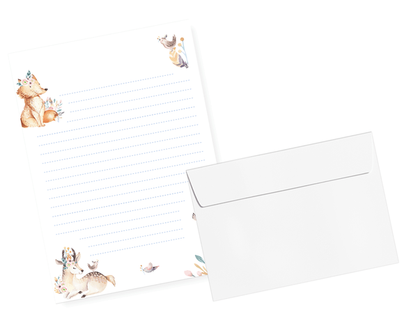 Friendly Fox Kinder Briefpapier, 1x DIN A5 Briefblock Schreibblock mit Linien und 20 Umschläge, Briefpapier Set für Kinder