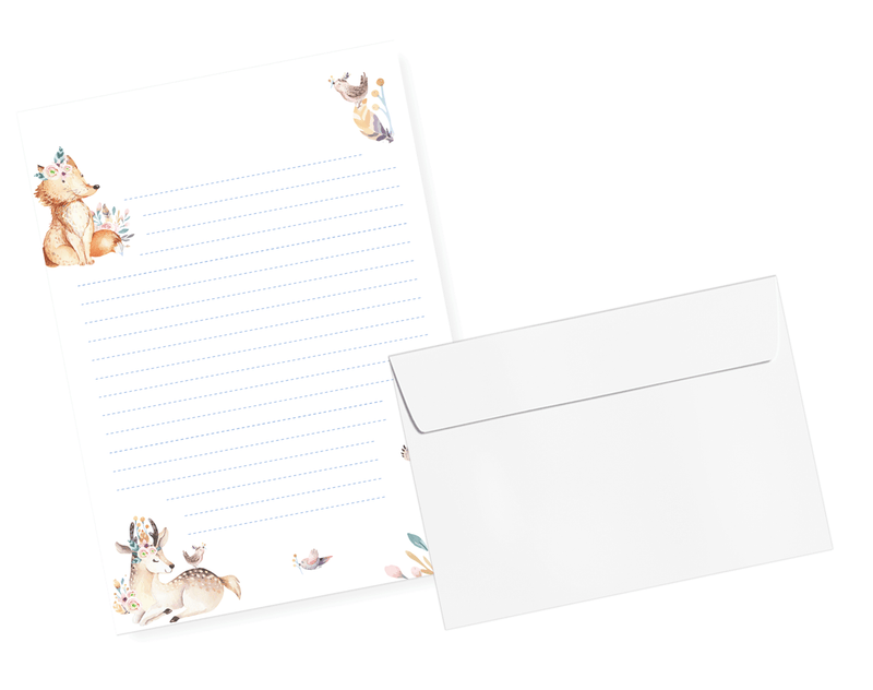 Friendly Fox Kinder Briefpapier, 1x DIN A5 Briefblock Schreibblock mit Linien und 20 Umschläge, Briefpapier Set für Kinder