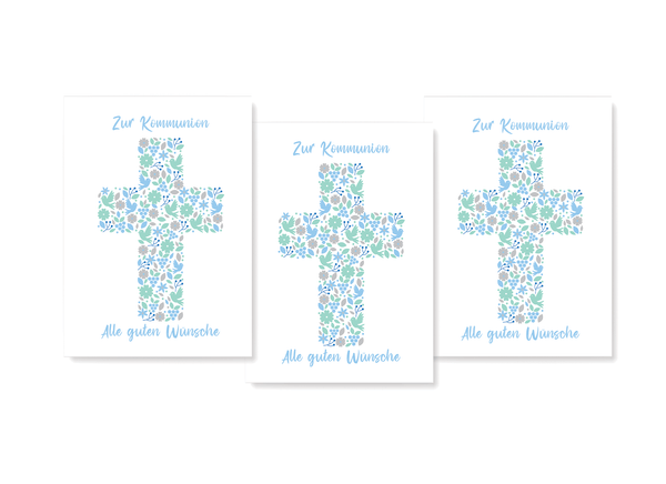 Kommunionskarte Dreierpack mit Kreuz Motiv in Blau