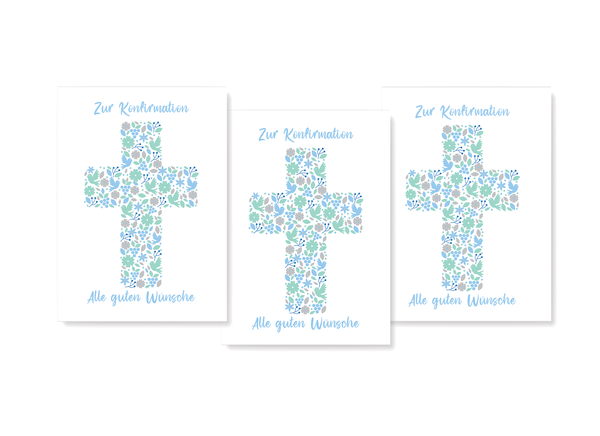 Konfirmationskarte Dreierpack mit Kreuz Motiv in Blau