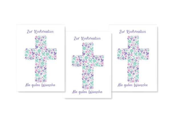 Konfirmationskarte Dreierpack mit Kreuz Motiv in Rosa