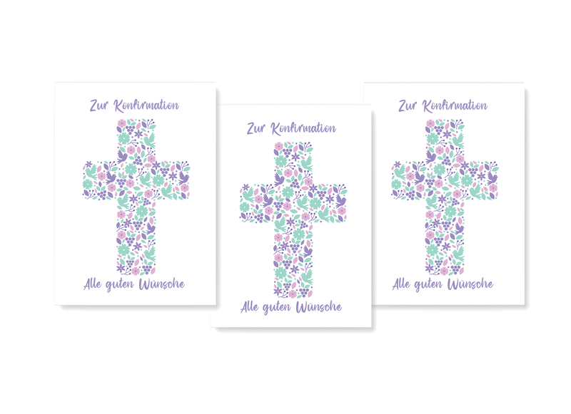 Konfirmationskarte Dreierpack mit Kreuz Motiv in Rosa