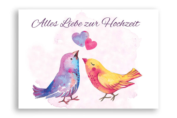 Hochzeitskarte mit Vogel und Herz mit Aquarellmotiv