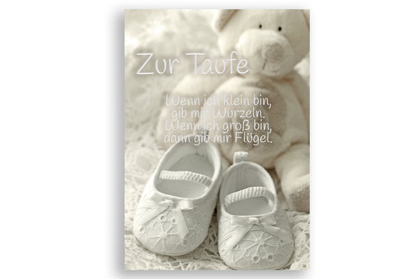 Taufkarte mit Teddy und Baby Schuhe Motiv