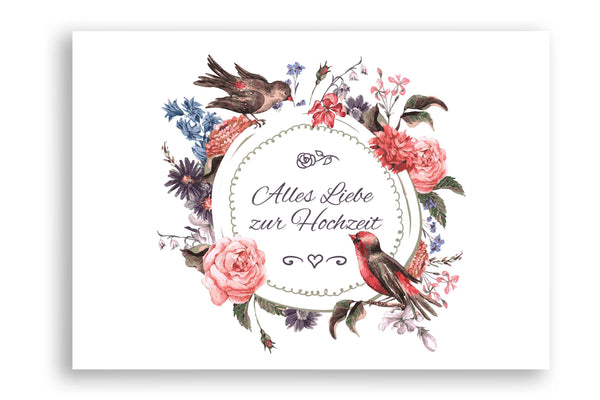 Hochzeitskarte mit Blumenkranz und Vogel Motiv