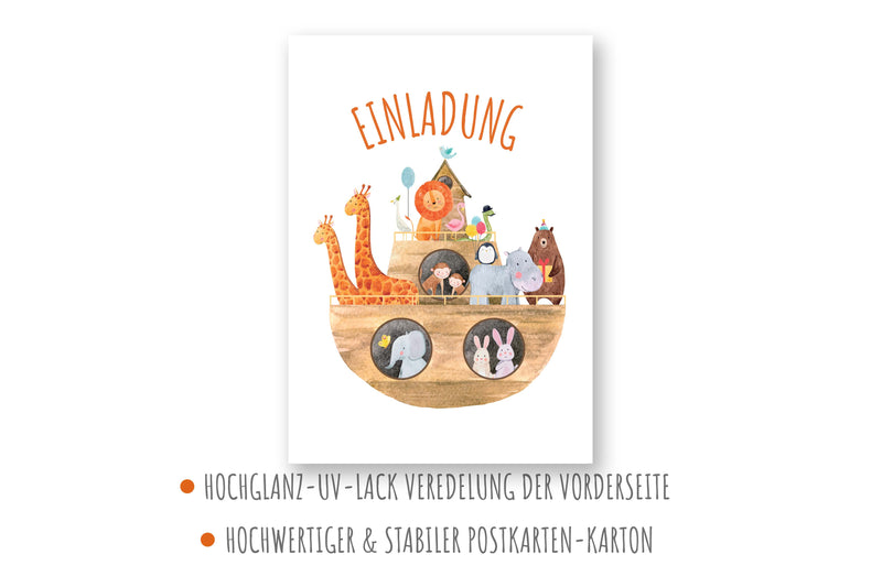 Friendly Fox Arche Noah Einladung, 12x Einladungskarten Kindergeburtstag oder Taufe, Klappkarten mit Kraftpapier Umschlägen