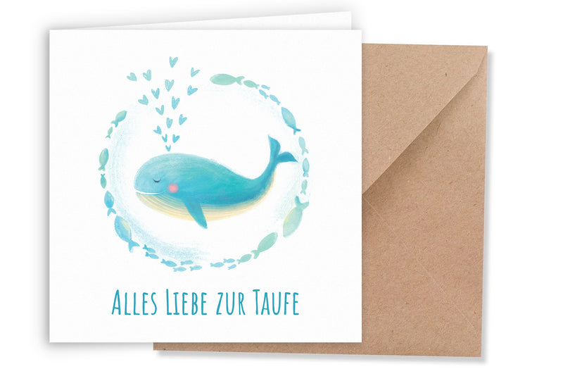 Friendly Fox Karte zur Taufe Wal, quadratische Taufkarte mit Umschlag, zur Taufe kleiner Wal und Fische, Klappkarte