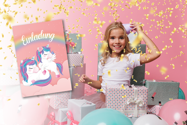 Friendly Fox Einhorn Einladung, 12x DIN A6 Einladungskarten Kindergeburtstag Mädchen, Klappkarten mit Umschlag Einladung zur Einhorn Party